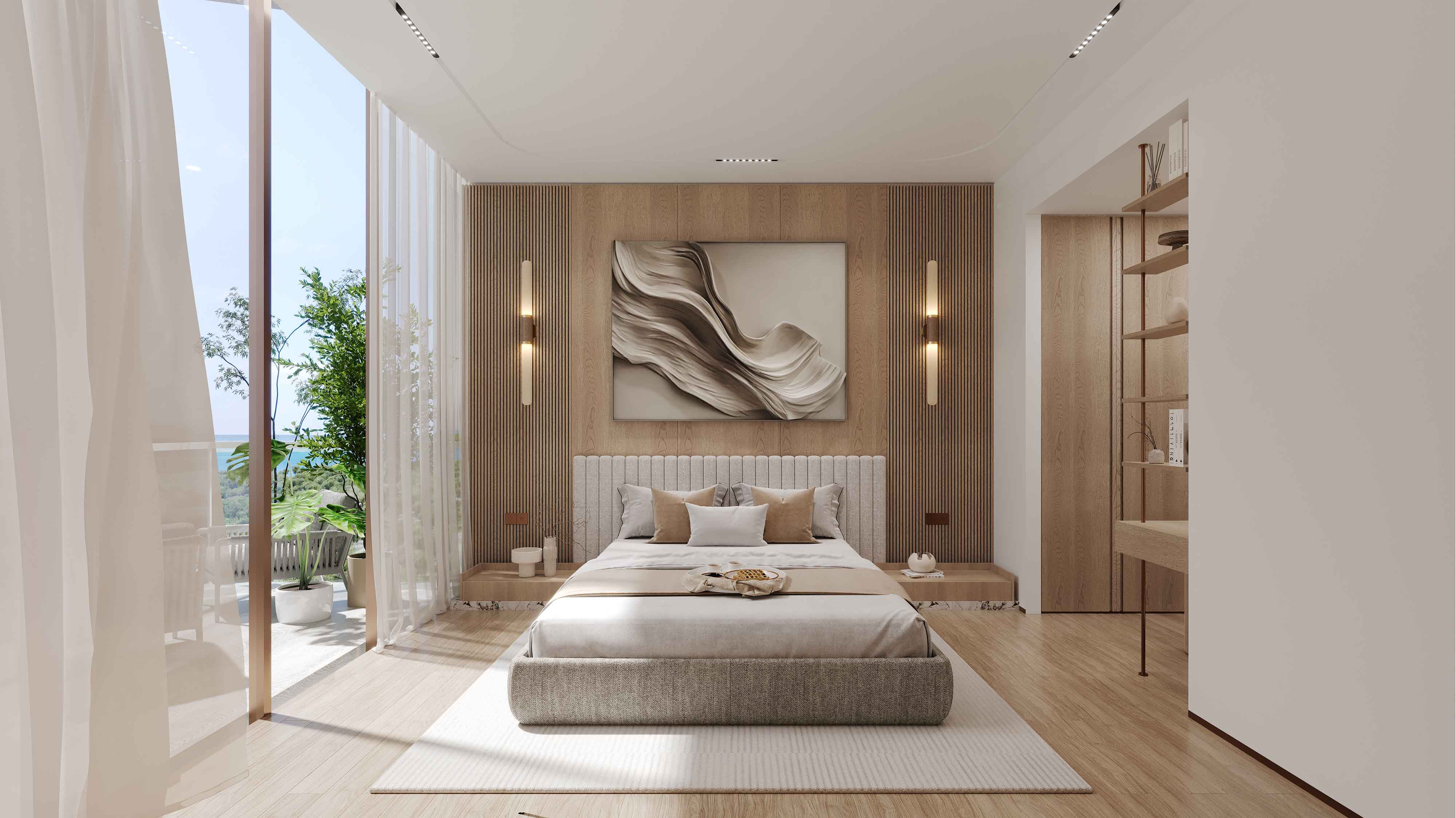 Wynwood By Imtiaz A modern bedroom featuring a plush bed, elegant artwork, wooden accents, and large windows with greenery outside.